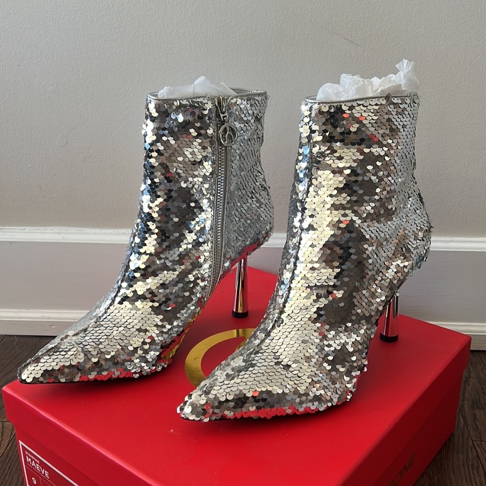 Silver sequin heel booties
